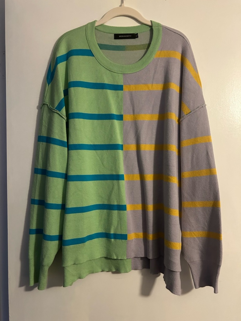 Split-Stripe Crewneck Sweater - Green/Purple size XL